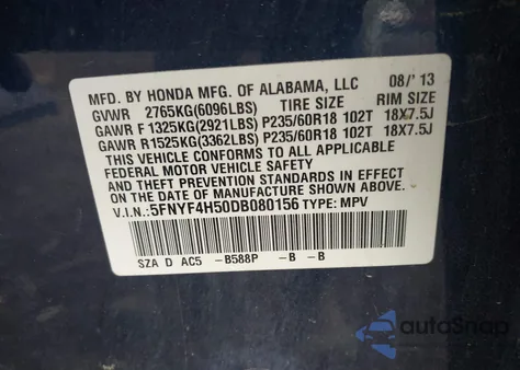 2013 Honda Pilot Ex-L from USA, damaged, VIN 5FNYF4H50DB080156